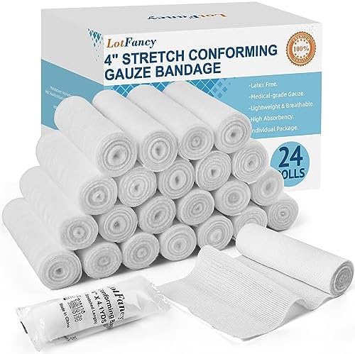 LotFancy Gauze Bandage Roll, 24 Count Gauze Wrap, 4 Inch x 4 Yards Stretched, Conforming Gauze Rolls, Medical Wound Care Supplies for First Aid