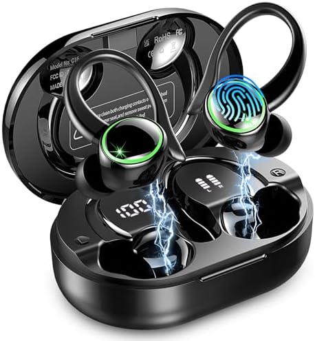 Wireless Earbuds, Bluetooth 5.4 Headphones Sports, 50H Playback Over-Ear buds with ENC Noise Cancelling Mic, Deep Bass Fitness Earphones with Earhooks, IP7 Waterproof Headset for Running Workout Gym