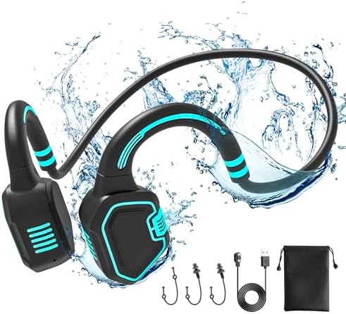 Bone Conduction Headphones Swimming Headphone - IP68 Waterproof Open Ear Headphones with MP3 Play 32G Memory Inductive Wireless Bluetooth Sports Headset for Running Swimming (Blue)