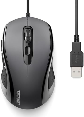 TECKNET Computer Wired Mouse, USB Mice for Laptop with 6-Button, 3600DPI Optical PC Wired Mouse, Home and Office 5FT USB-A Corded Comfortable Mice, Plug & Play, NO Battery Required-Grey