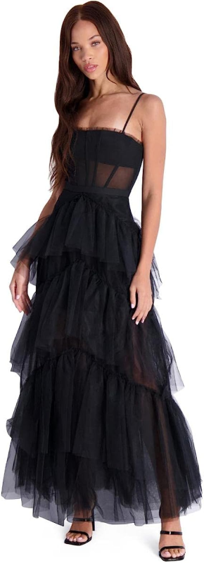 BCBG Max Azria Oly Women’s Tiered Ruffle Tulle Sleeveless Corset Evening Gown