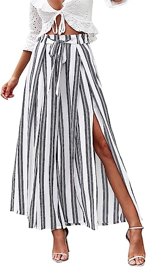 Simplee Women's Elegant Striped Split High Waisted Belted Flowy Wide Leg Pants
